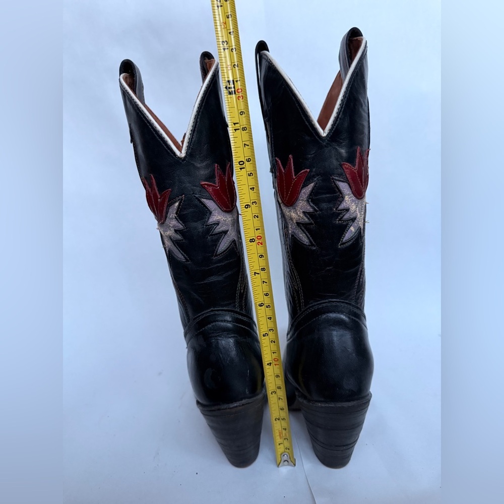 Miss Capezio black leather heeled cowboy boots with White and red floral inlays - Picture 4 of 4